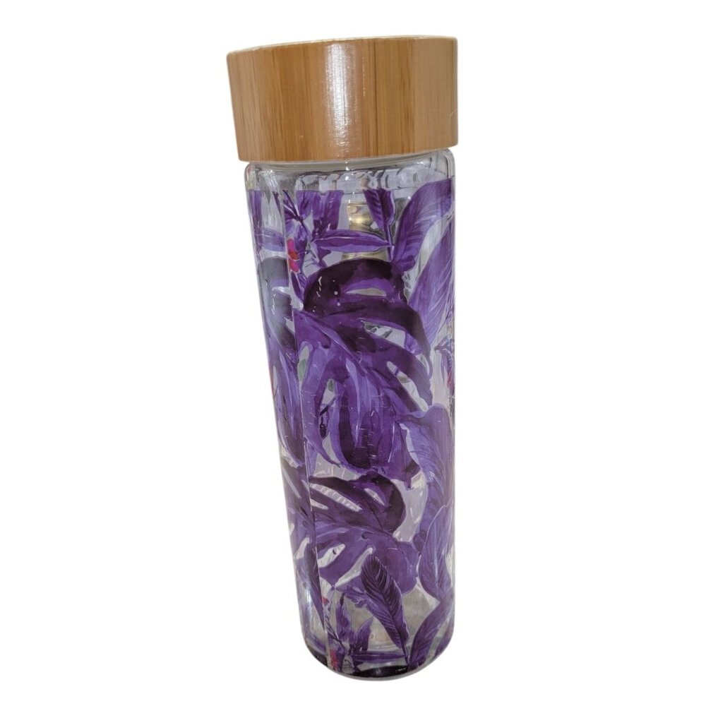 Glass Water Bottle With Bamboo Lid & Floral Design - Picture 4 of 7
